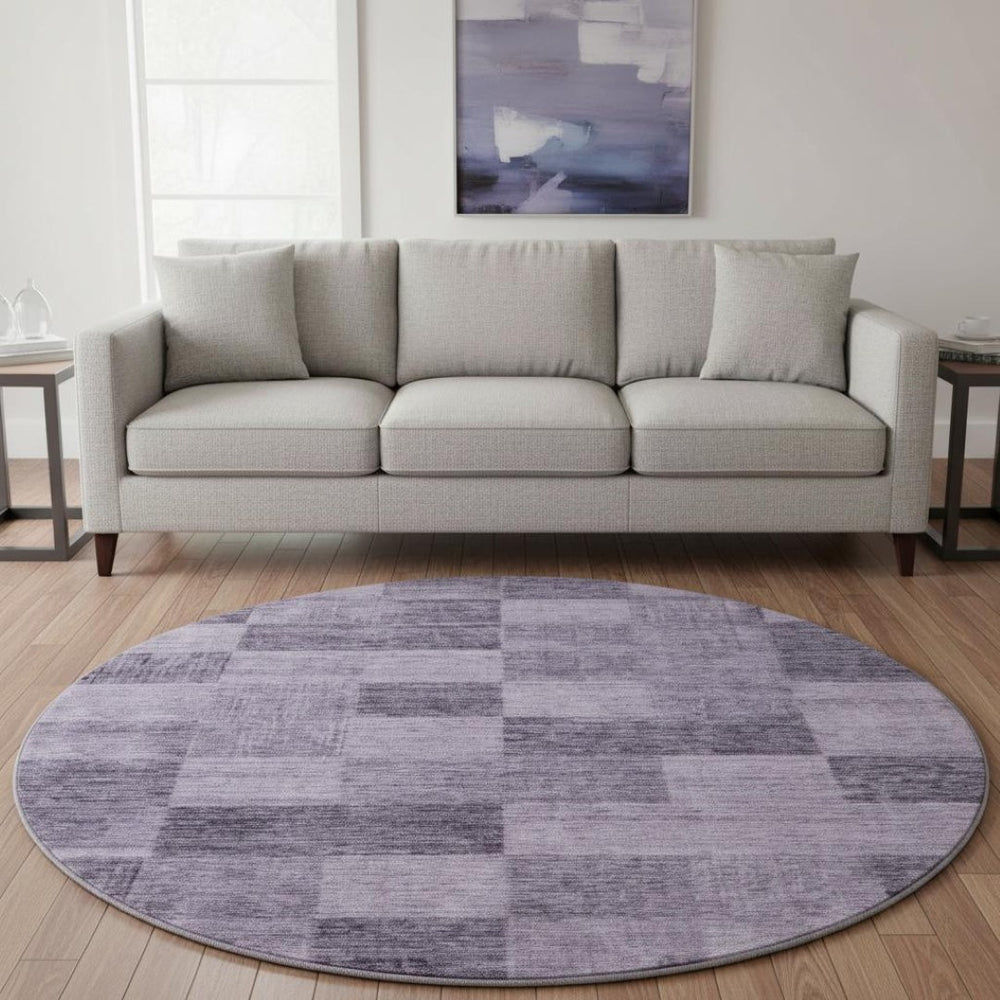 HomeRoots 8' Purple and Lavender Geometric Round Rug - Washable, UV Protected, Ideal for High-Traffic Areas 686237