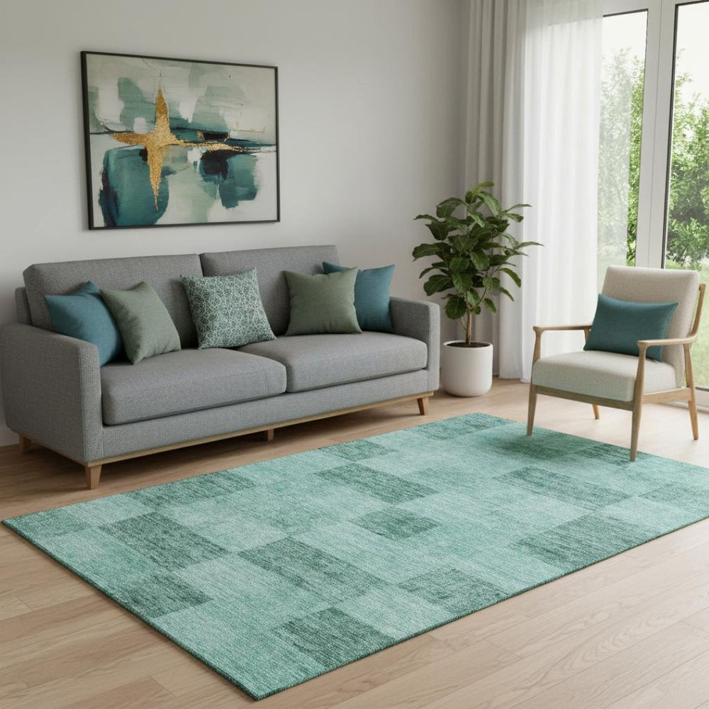 HomeRoots 5' X 8' Aqua & Mint Green Geometric Area Rug – Washable, UV-Protected, Durable for Busy Homes 686242