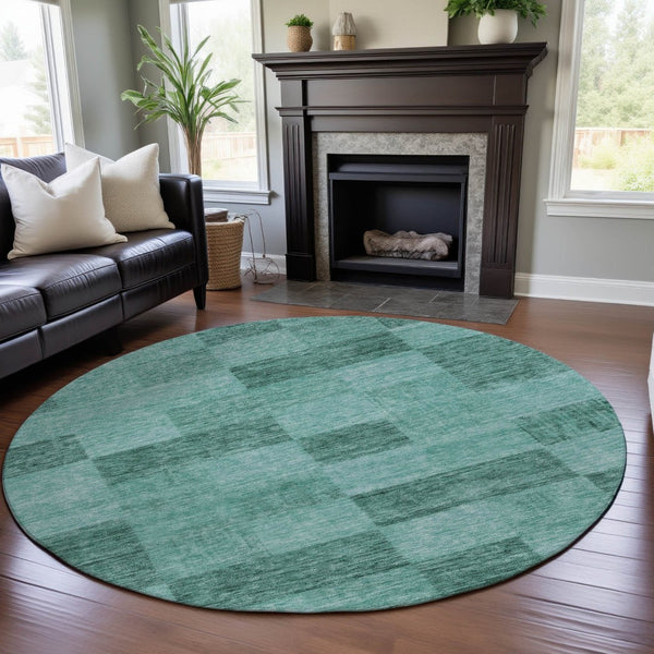 HomeRoots 8' Aqua & Mint Green Geometric Round Rug - Washable, UV-Protected, Perfect for Modern Spaces! 686243
