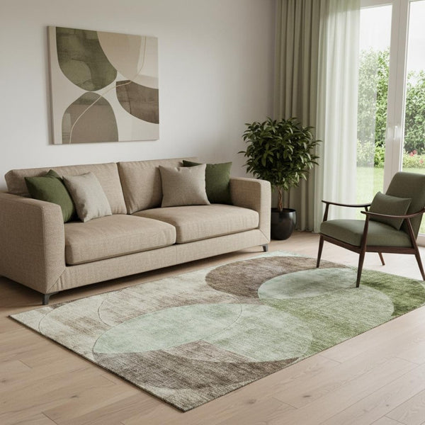HomeRoots 5' Geometric Area Rug in Artichoke Green, Brown & Beige - Washable, UV-Protected & Stain-Resistant 686248