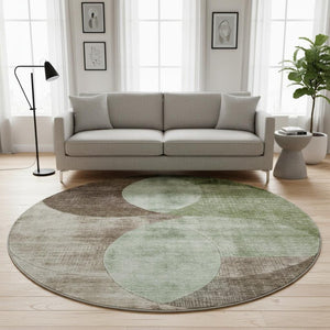HomeRoots 8' Geometric Washable Round Rug in Artichoke Green, Brown & Beige - UV Protected for High Traffic Areas 686249