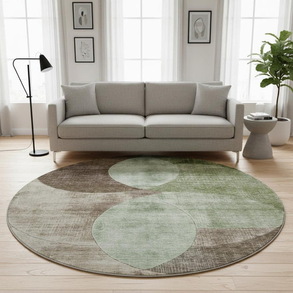 HomeRoots 8' Geometric Washable Round Rug in Artichoke Green, Brown & Beige - UV Protected for High Traffic Areas 686249