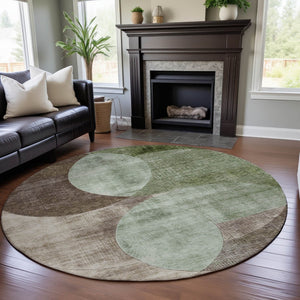 HomeRoots 8' Geometric Washable Round Rug in Artichoke Green, Brown & Beige - UV Protected for High Traffic Areas 686249