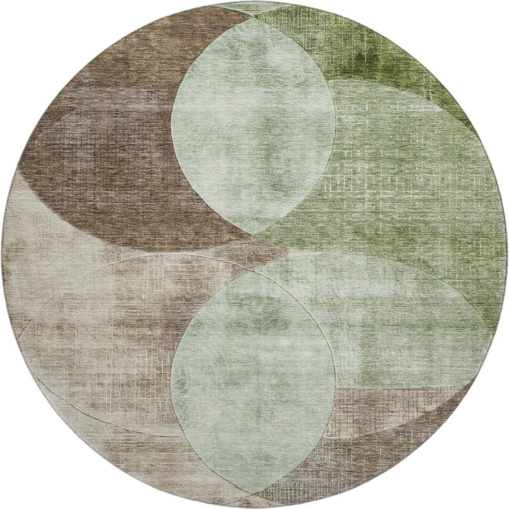 HomeRoots 8' Geometric Washable Round Rug in Artichoke Green, Brown & Beige - UV Protected for High Traffic Areas 686249