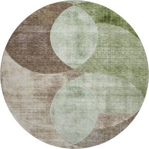 HomeRoots 8' Geometric Washable Round Rug in Artichoke Green, Brown & Beige - UV Protected for High Traffic Areas 686249