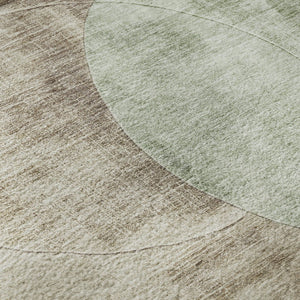 HomeRoots 8' Geometric Washable Round Rug in Artichoke Green, Brown & Beige - UV Protected for High Traffic Areas 686249
