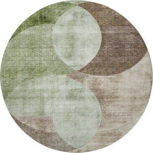 HomeRoots 8' Geometric Washable Round Rug in Artichoke Green, Brown & Beige - UV Protected for High Traffic Areas 686249