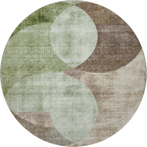 HomeRoots 8' Geometric Washable Round Rug in Artichoke Green, Brown & Beige - UV Protected for High Traffic Areas 686249