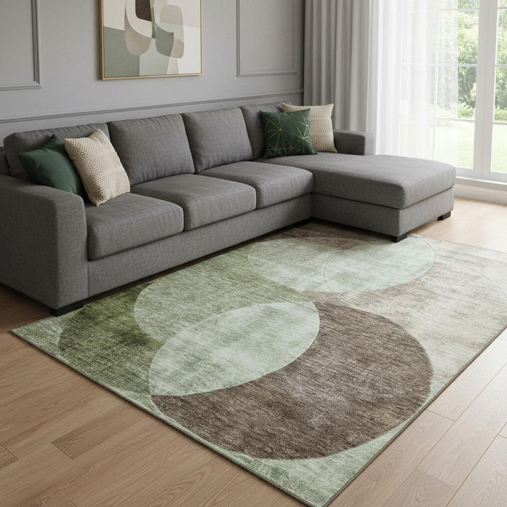 HomeRoots 8' X 10' Artichoke Green and Beige Geometric Area Rug – Washable, Stain-Resistant, UV Protected! 686250