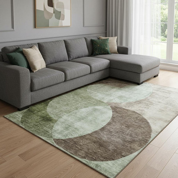 HomeRoots 8' X 10' Artichoke Green and Beige Geometric Area Rug – Washable, Stain-Resistant, UV Protected! 686250