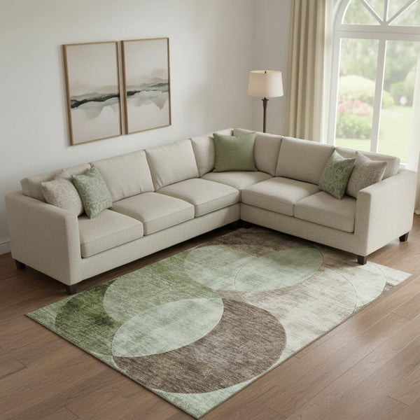 HomeRoots 9' X 12' Artichoke Green Geometric Area Rug - Washable, UV Protected, Durable for Family Spaces 686251