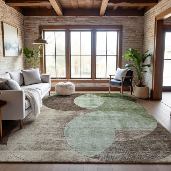 HomeRoots 10' Geometric Washable Area Rug in Artichoke Green, Brown & Beige - UV Protected & Stain Resistant 686252