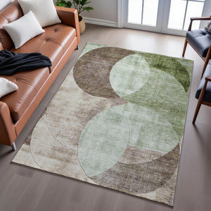 HomeRoots 10' Geometric Washable Area Rug in Artichoke Green, Brown & Beige - UV Protected & Stain Resistant 686252