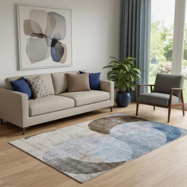 HomeRoots 5' Stylish Geometric Area Rug in Denim Blue, Brown & Beige - Washable, UV Protected & Durable Design 686254