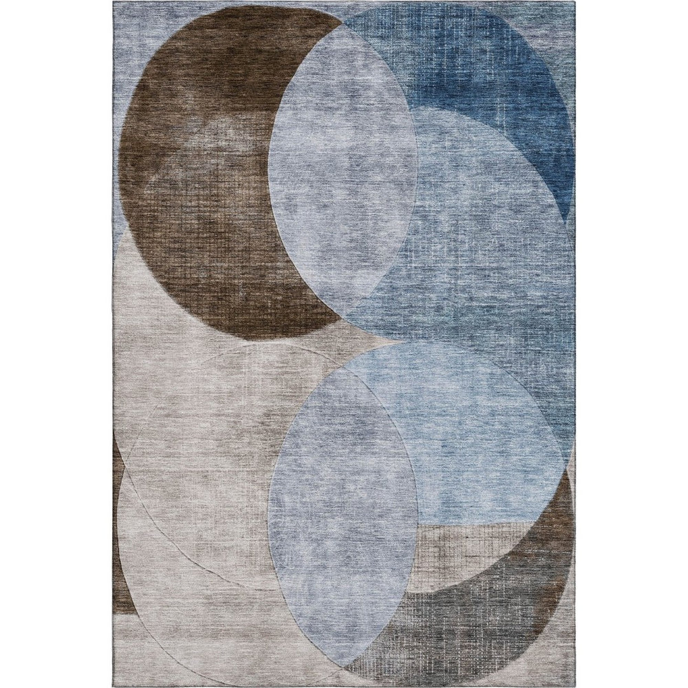HomeRoots 5' Stylish Geometric Area Rug in Denim Blue, Brown & Beige - Washable, UV Protected & Durable Design 686254