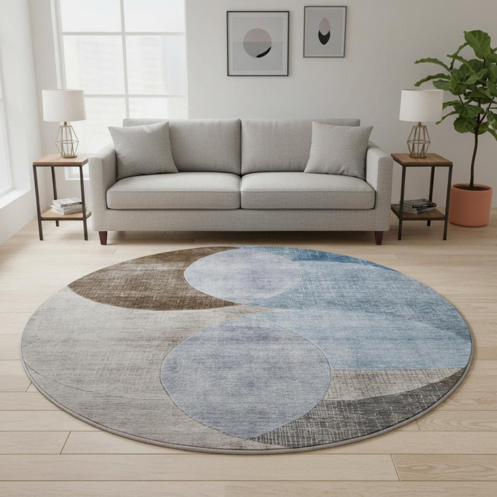 HomeRoots 8' Stylish Washable Round Rug with Geometric Design in Denim Blue, Brown & Beige - UV Protected! 686255