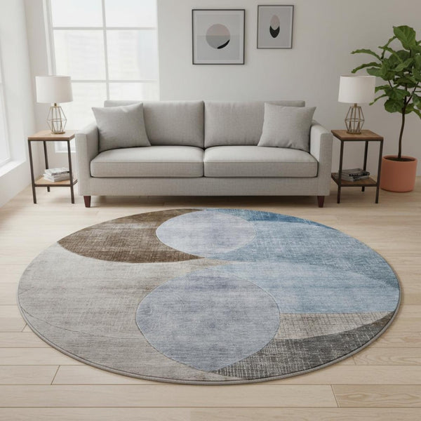 HomeRoots 8' Stylish Washable Round Rug with Geometric Design in Denim Blue, Brown & Beige - UV Protected! 686255