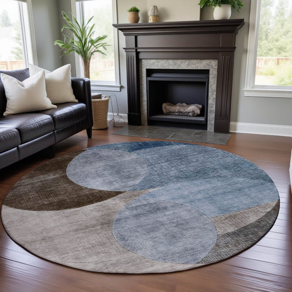 HomeRoots 8' Stylish Washable Round Rug with Geometric Design in Denim Blue, Brown & Beige - UV Protected! 686255