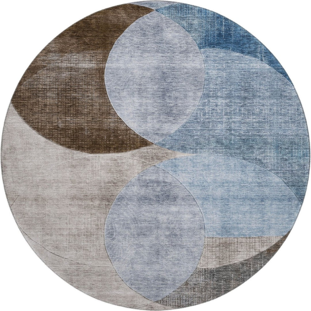 HomeRoots 8' Stylish Washable Round Rug with Geometric Design in Denim Blue, Brown & Beige - UV Protected! 686255