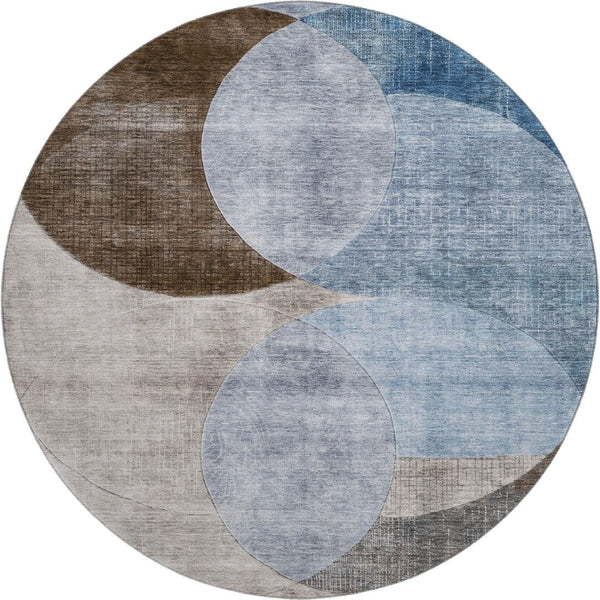 HomeRoots 8' Stylish Washable Round Rug with Geometric Design in Denim Blue, Brown & Beige - UV Protected! 686255