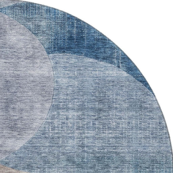 HomeRoots 8' Stylish Washable Round Rug with Geometric Design in Denim Blue, Brown & Beige - UV Protected! 686255