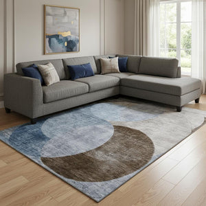 HomeRoots 8' X 10' Washable Geometric Area Rug in Denim Blue, Brown & Beige – Stain Resistant & UV Protected 686256