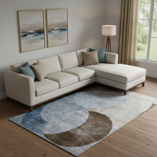 HomeRoots 9' X 12' Geometric Area Rug in Denim Blue, Brown & Beige - Washable, UV-Protected & Durable Design 686257