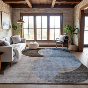HomeRoots 9' X 12' Geometric Area Rug in Denim Blue, Brown & Beige - Washable, UV-Protected & Durable Design 686257