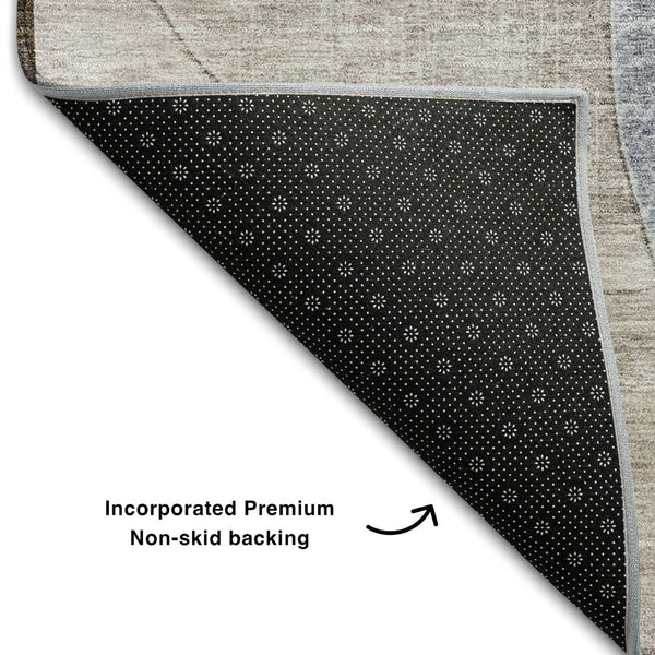 HomeRoots 9' X 12' Geometric Area Rug in Denim Blue, Brown & Beige - Washable, UV-Protected & Durable Design 686257
