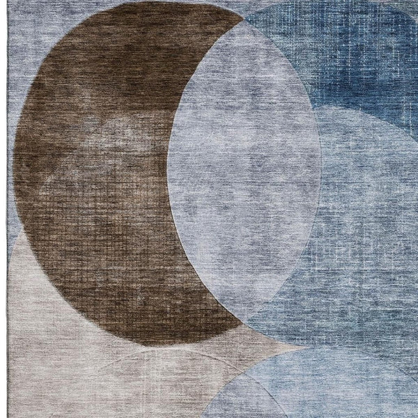 HomeRoots 9' X 12' Geometric Area Rug in Denim Blue, Brown & Beige - Washable, UV-Protected & Durable Design 686257