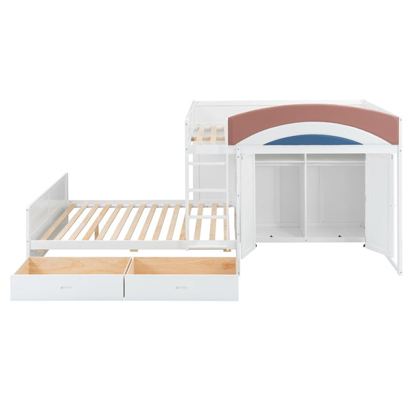English Elm Full Size Offset Bunk Bed with Wardrobe Hanging Rod Drawers and Upholstered Rail White N820S00081K