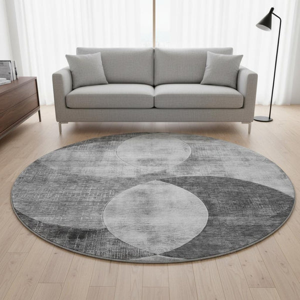 HomeRoots 8' Gray and Silver Geometric Washable Round Rug - Stain Resistant, UV Protected, Modern Style for Any Space 686261