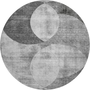 HomeRoots 8' Gray and Silver Geometric Washable Round Rug - Stain Resistant, UV Protected, Modern Style for Any Space 686261