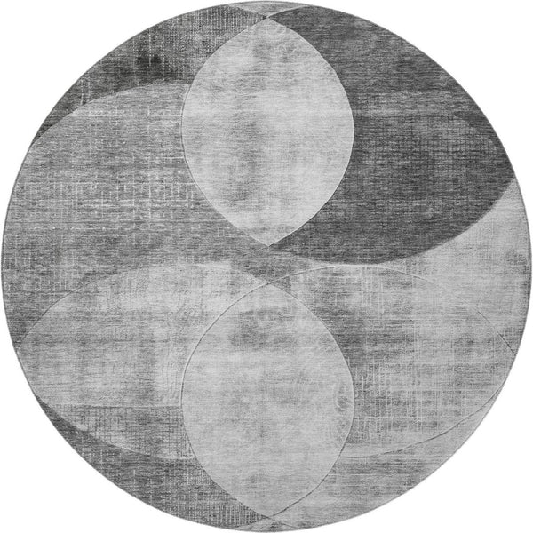 HomeRoots 8' Gray and Silver Geometric Washable Round Rug - Stain Resistant, UV Protected, Modern Style for Any Space 686261