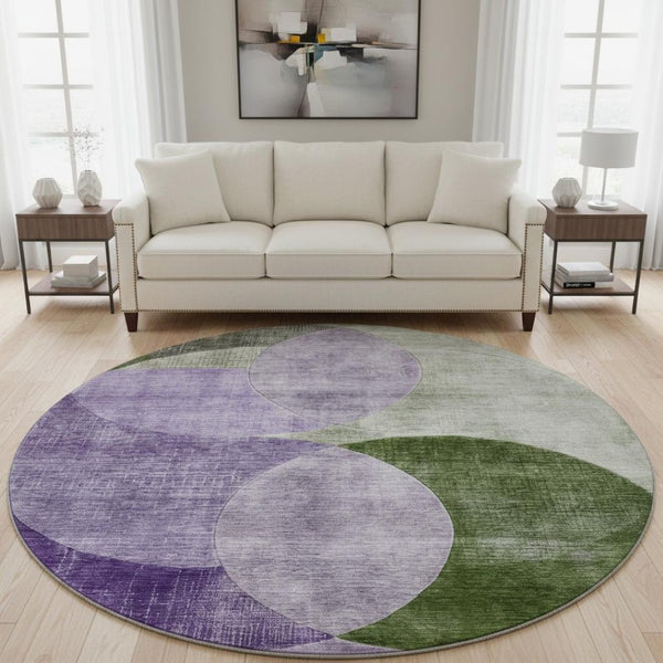 HomeRoots 8' Stylish Lavender and Green Geometric Round Rug - Washable, UV-Protected for High-Traffic Areas 686267