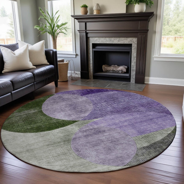 HomeRoots 8' Stylish Lavender and Green Geometric Round Rug - Washable, UV-Protected for High-Traffic Areas 686267