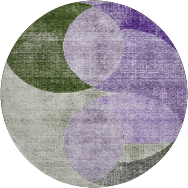 HomeRoots 8' Stylish Lavender and Green Geometric Round Rug - Washable, UV-Protected for High-Traffic Areas 686267