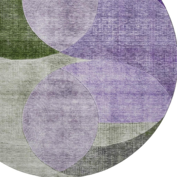 HomeRoots 8' Stylish Lavender and Green Geometric Round Rug - Washable, UV-Protected for High-Traffic Areas 686267