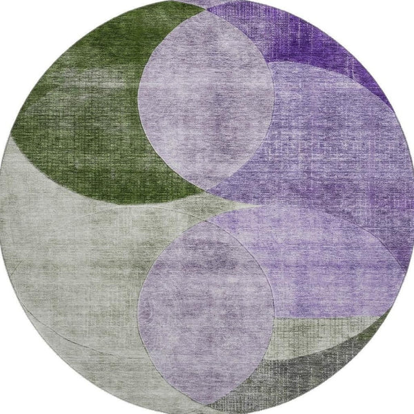HomeRoots 8' Stylish Lavender and Green Geometric Round Rug - Washable, UV-Protected for High-Traffic Areas 686267