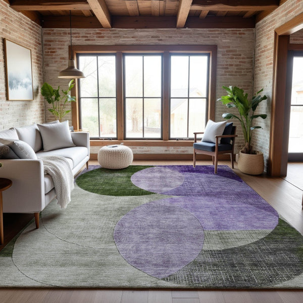 HomeRoots 9' X 12' Stylish Lavender & Green Geometric Area Rug - Washable, UV Protected, Perfect for Families 686269