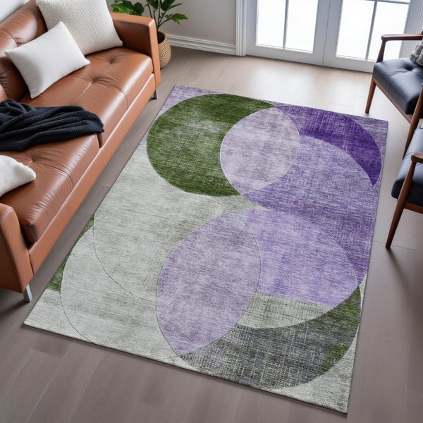 HomeRoots 9' X 12' Stylish Lavender & Green Geometric Area Rug - Washable, UV Protected, Perfect for Families 686269