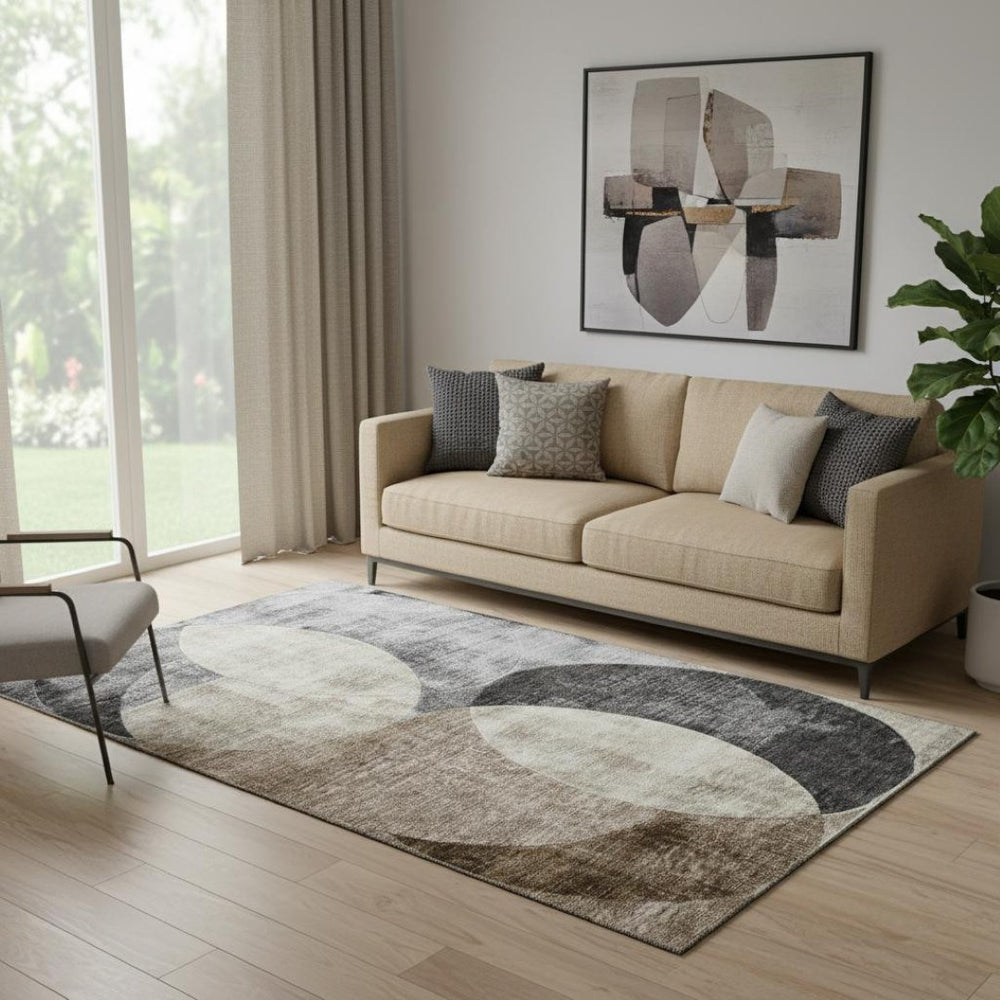 HomeRoots 5' X 8' Geometric Area Rug in Pewter Brown & Beige - Washable, UV Resistant, Ideal for High-Traffic Areas 686272