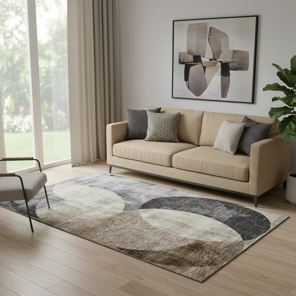HomeRoots 5' X 8' Geometric Area Rug in Pewter Brown & Beige - Washable, UV Resistant, Ideal for High-Traffic Areas 686272