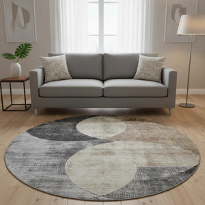 HomeRoots 8' Durable Pewter Brown & Beige Geometric Washable Round Rug - UV Protected, Stain Resistant, Soft 686273