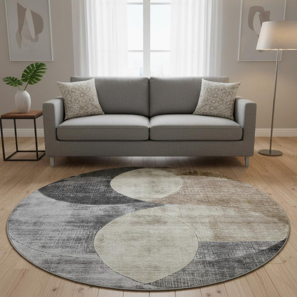 HomeRoots 8' Durable Pewter Brown & Beige Geometric Washable Round Rug - UV Protected, Stain Resistant, Soft 686273