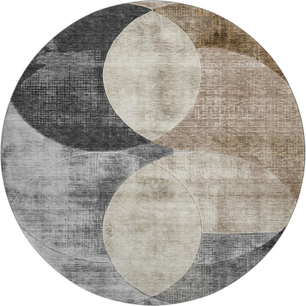 HomeRoots 8' Durable Pewter Brown & Beige Geometric Washable Round Rug - UV Protected, Stain Resistant, Soft 686273