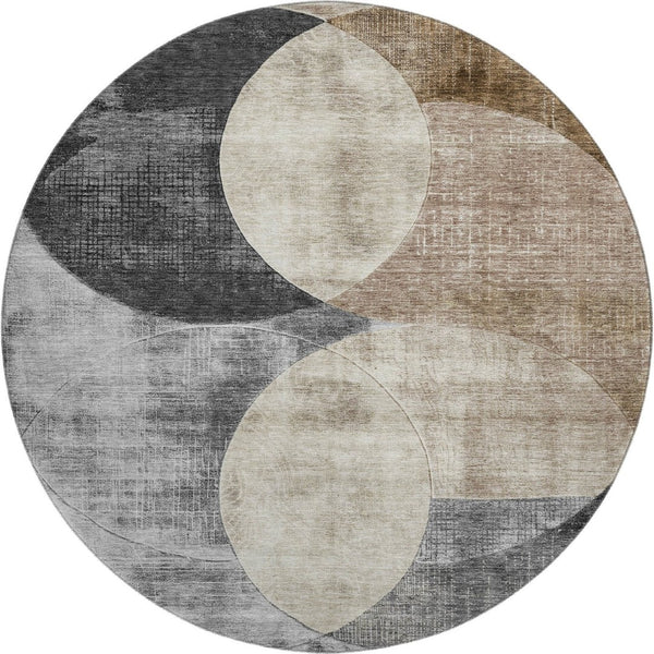 HomeRoots 8' Durable Pewter Brown & Beige Geometric Washable Round Rug - UV Protected, Stain Resistant, Soft 686273