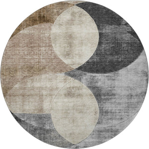 HomeRoots 8' Durable Pewter Brown & Beige Geometric Washable Round Rug - UV Protected, Stain Resistant, Soft 686273