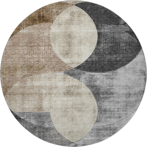 HomeRoots 8' Durable Pewter Brown & Beige Geometric Washable Round Rug - UV Protected, Stain Resistant, Soft 686273