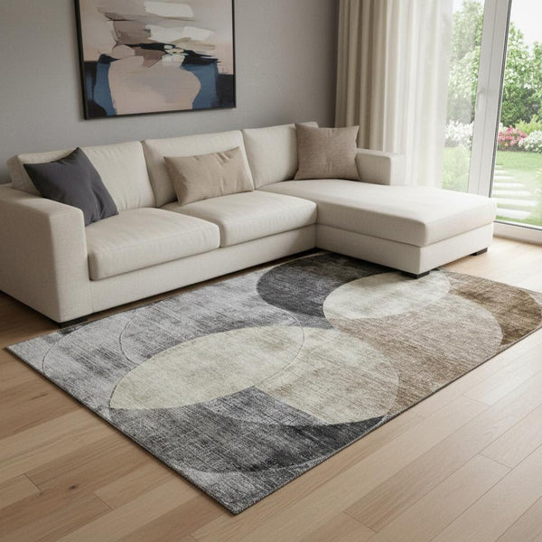 HomeRoots 8' X 10' Durable Pewter Brown & Beige Geometric Area Rug - Washable, UV Protected for High-Traffic Use 686274